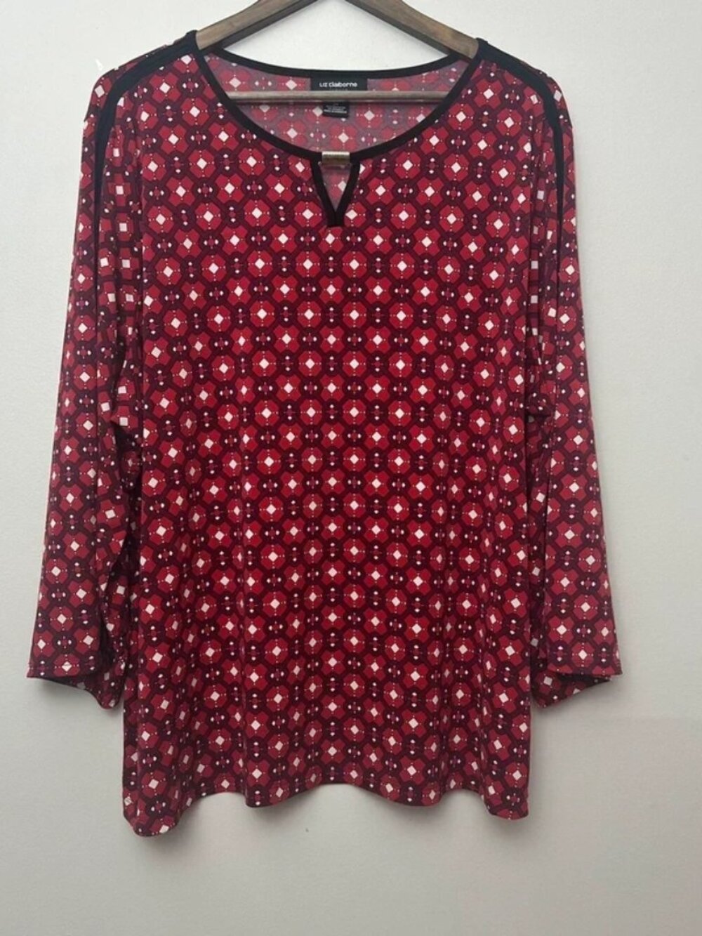 Liz Claiborne Career Woman 2X Red Geometric Print 3/4 Sleeve Blouse Top